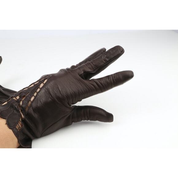 Brown Leather Gloves Crochet Detail Size 7.5 - Picture 1 of 8